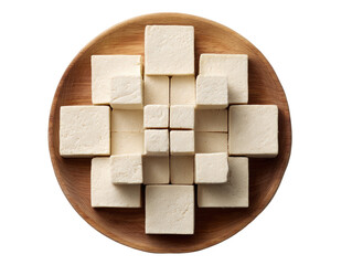 Stacked tofu cubes on a wooden plate, arranged symmetrically