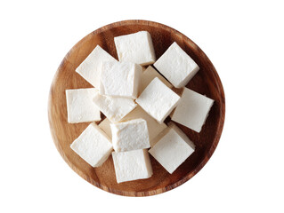 Cubed tofu on a wooden plate (1)