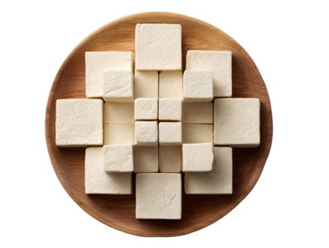 Stacked tofu cubes on a wooden plate, arranged symmetrically