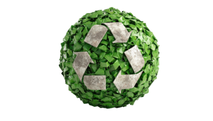 A sphere, formed from many small, green, fragmented pieces, encapsulates a stylized recycling symbol. The symbol is a white-grey color