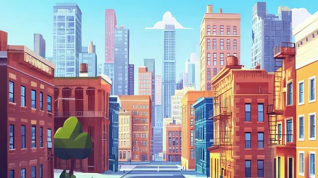 Empty new york city street with colorful buildings and skyscrapers