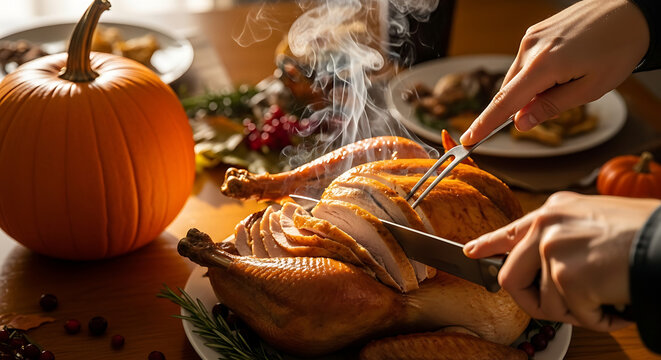 Customers enjoying roast turkey, thanksgiving, party,