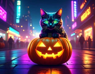 Cat on a glowing pumpkin in a vibrant city street scene