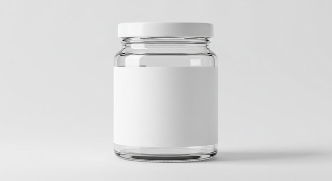 A sterile, clear glass jar with a white lid and a blank label, presented against a pristine white background, suggesting pharmaceutical or scientific applications