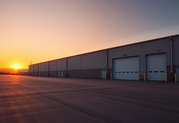 Sunset illuminates empty warehouse with large metal shutter doors, vast paved area extends to horizon,  space,  photography