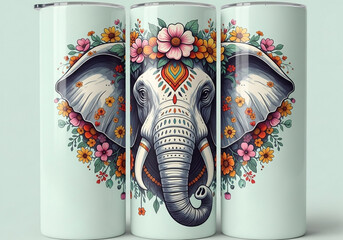 Three light mint-colored, cylindrical tumblers are shown, each featuring a graphic design of an elephant head