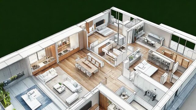 Modern apartment floor plan showing stylish interior design and terrace garden