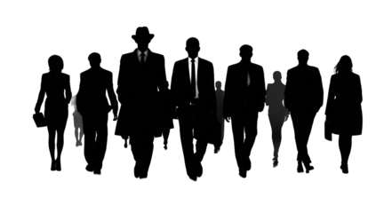 Silhouettes of people walking in a line.  A dark scene