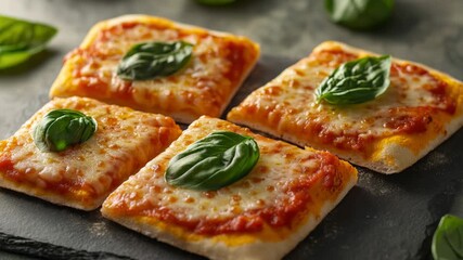 Freshly baked pizza slices topped with melted cheese and fragrant basil leaves, ideal for a quick snack or party appetizer