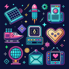  Retro-Futuristic Neon Animated Icons Vector Pack