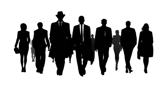 Silhouettes of people walking in a line.  A dark scene - Powered by Adobe