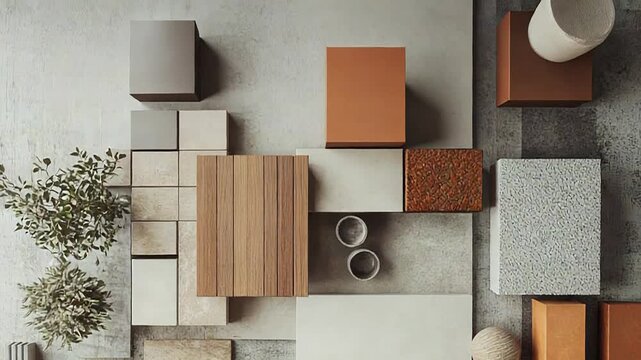 Architect designing project with wood, ceramic and concrete materials