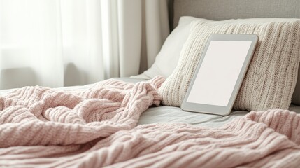 A tablet with a blank screen rests against soft, creamy pillows on a bed with a pale pink knit throw blanket; sunlight streams through sheer curtains