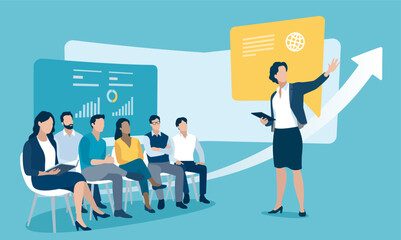 Naklejka premium Business plan. Lecture, education. A young female speaker gives a presentation. Business vector illustration. 