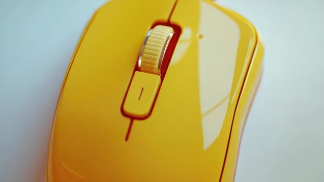 A yellow computer mouse resting on a white surface, ideal for use with computers and laptops