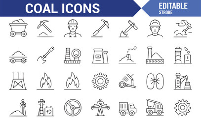 Stroke style coal icons pack with mining tools, dump truck, excavator, and fuel production elements