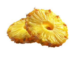 Two slices of pineapple, vibrant yellow,  stacked,  displaying the fruit's interior