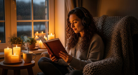 Cozy evening scene featuring woman reading. Relaxing evening with woman reading and enjoying music with her headphones near candles. Enjoy your cozy evening reading,