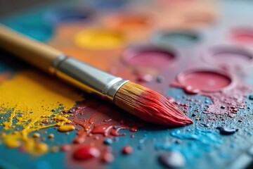 Fototapeta premium Close-up of a paintbrush resting on a painter's palette, bristles softly textured, vibrant paint colors visible Ready for the next stroke of artistic creation , color palette, paintbrush