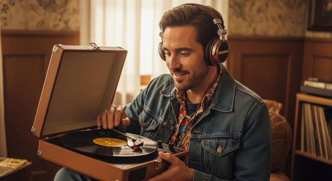 Man playing vinyl, enjoying music with headphones in cozy room. Playing vinyl is his preferred hobby for a relaxing evening. Listening to music, - Powered by Adobe