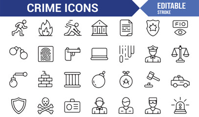Modern stroke crime icons featuring scales, courthouse, law, investigation, and punishment elements