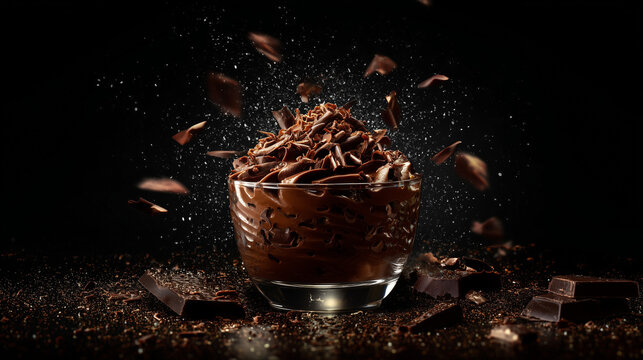 Chocolate mousse in glass cup with shaved chocolate on top, studio black background