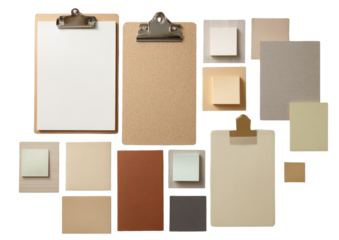 Assorted beige, brown, and gray stationery items, including notepads, sticky notes, and clips, arranged in a geometric pattern