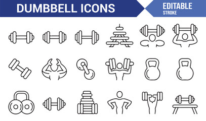 Dumbbell and barbell icon collection in editable stroke style with strength, gym, and conditioning tools