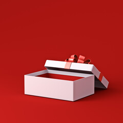 Blank white rectangle present box open or gift box product mockup display showcase with red ribbons and bow isolated over dark red background with shadow and blank space minimal concepts 3D rendering