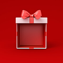 Front view of blank white gift box mockup exhibition booth stand or open present box tied with red ribbon bow isolated on dark red background with shadow minimal creative idea conceptual 3D rendering
