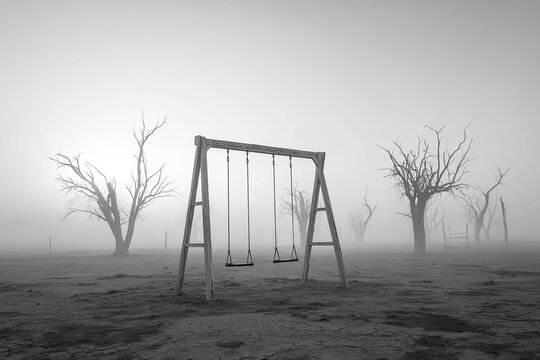 Empty swing set in a desolate, foggy landscape - Powered by Adobe