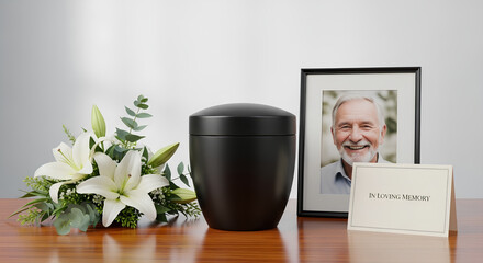 In loving memory setup with memorial urn, framed photo, and white lilies on wooden table. In loving memory of loved one setup shows condolence message card and flower bouquet. Remembering deceased,