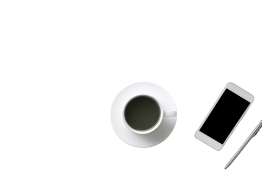 Overhead view of a cup of coffee, a smartphone, and a pen on a dark surface
