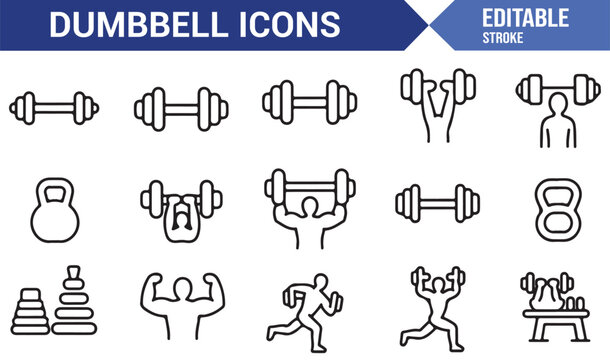 Dumbbell and kettlebell icons in outline style featuring lifting, bodybuilding, and healthy lifestyle