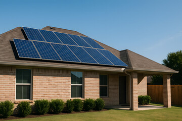 Solar Panels on Suburban Texas House Roof, Clean Energy Concept