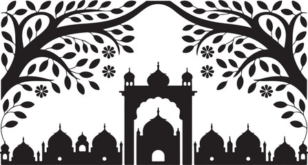 Silhouette of an Asian Temple with Trees Frame Against Transparent Background Vector