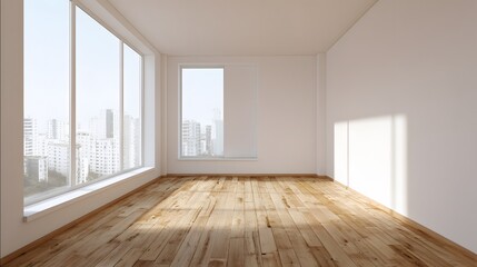 Obraz premium Scandinavian empty living space with pale wooden floor white walls and large window