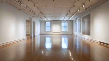 Empty art gallery interior with white walls spotlights and smooth flooring