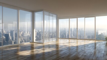 Luxury apartment empty interior panoramic glass walls overlooking city skyline