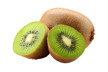 Obraz premium Close-up of two halves and one whole kiwi fruit. The kiwi fruit is a light, brownish-tan color. The halves of the fruit are a vibrant green, with small, dark brown seeds visible in the center