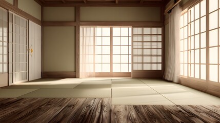 Clean empty interior in Japanese minimal style tatami floor natural tones
