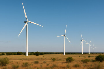 Wind Turbines in Texas Farmland, Renewable Energy Landscape under Blue Sky