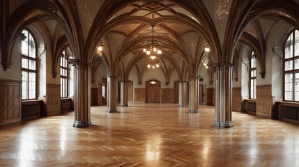 Fototapeta premium Classic European empty hall interior with tall arches polished wood floor