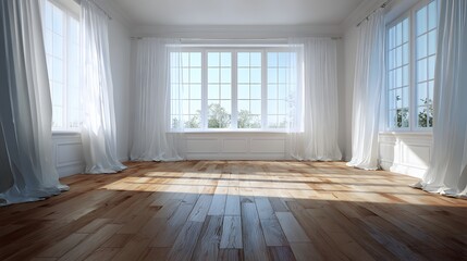 Obraz premium Bright cozy empty bedroom with wooden floor white curtains natural light