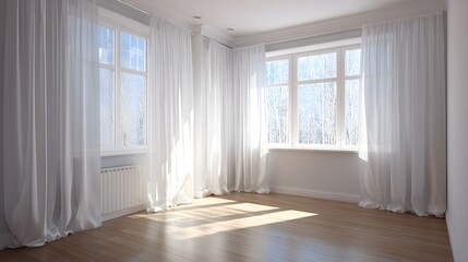 Bright cozy empty bedroom with wooden floor white curtains natural light