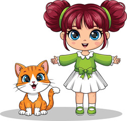 Cute cartoon little girl with big blue eyes standing happily with adorable orange cat, children character illustration for kids, pets, friendship.