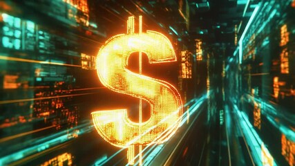 Digital dollar sign flying through cyberspace with data stream - Powered by Adobe