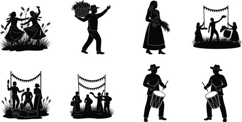 Harvest celebration silhouettes, dancing women, drum players, wheat gathering, festive children, traditional farming, cultural event, rural lifestyle, music, agriculture