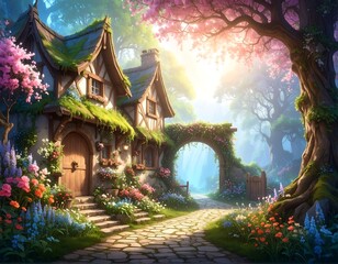 Charming cottage in a sunlit forest