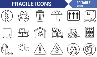 Editable stroke fragile icons set with pallet, fragile glass, forklift, recycle, and caution illustrations